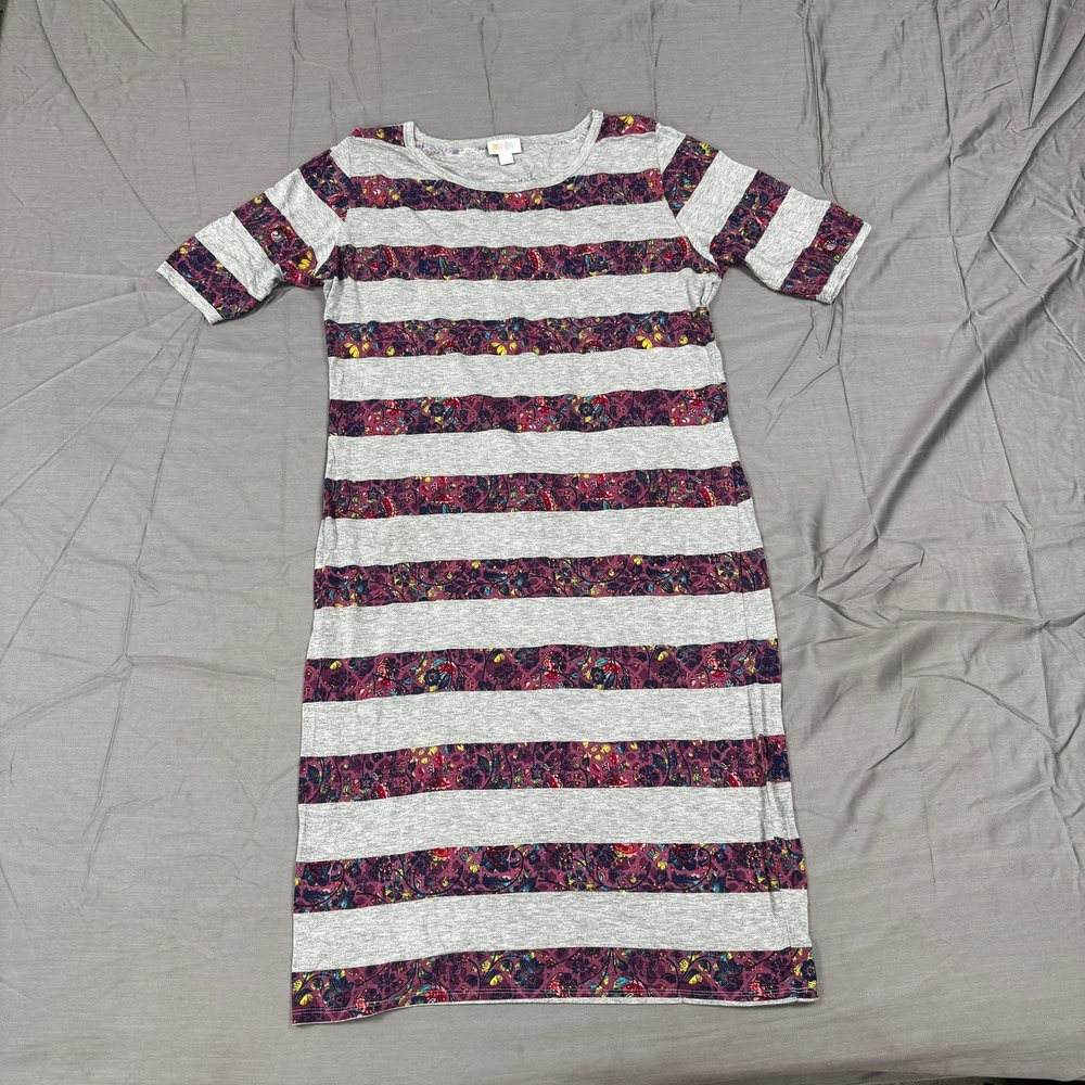 LuLaRoe Julia Dress 2XL Gray Burgundy Floral Striped Short Sleeve Sheath Midi